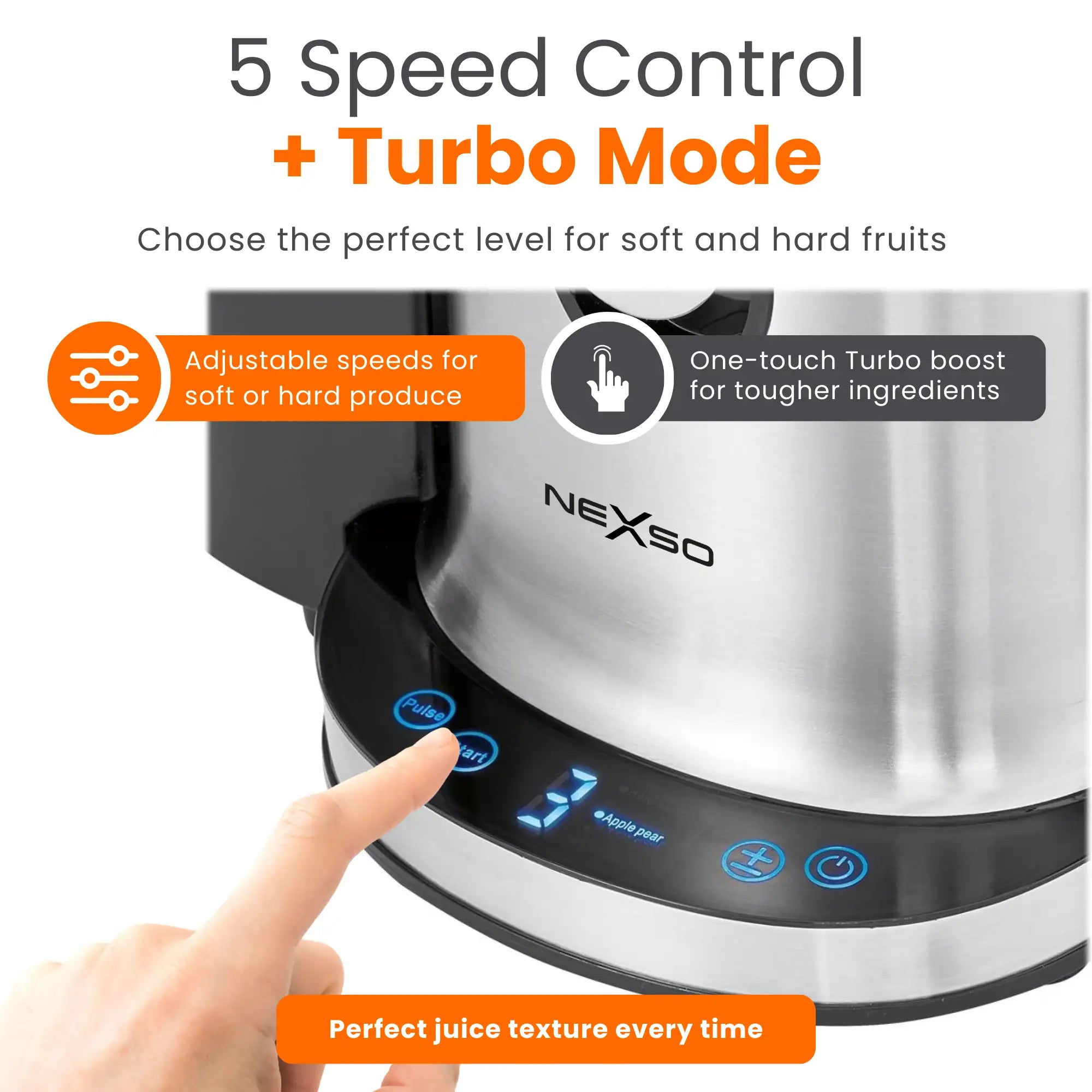 Juicer Machine – 870W power, 5-speed touch control, 75mm wide feed tube, anti-drip design, 1L juice jug, 2L pulp container, stainless steel blades.