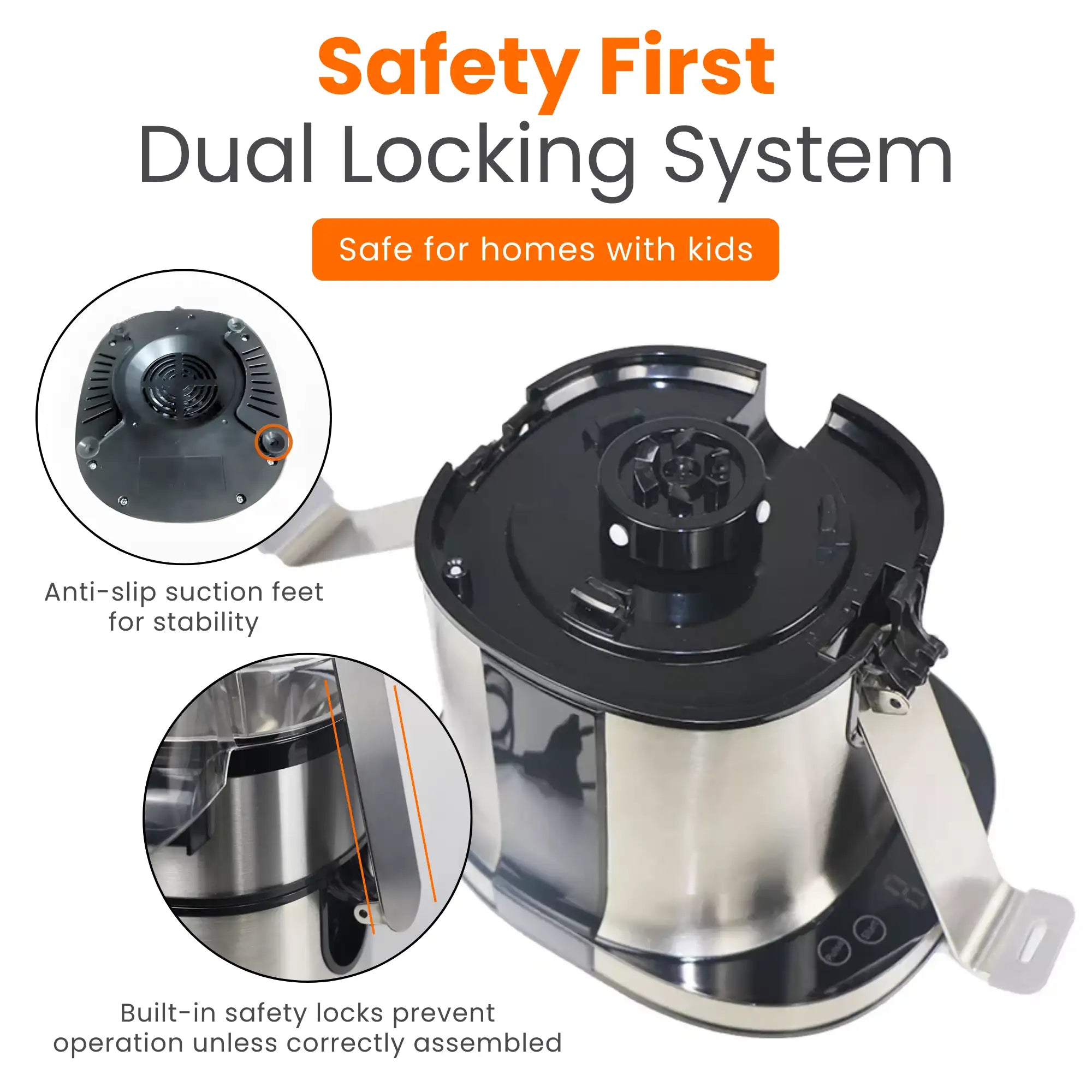 Juicer Machine – 870W power, 5-speed touch control, 75mm wide feed tube, anti-drip design, 1L juice jug, 2L pulp container, stainless steel blades.