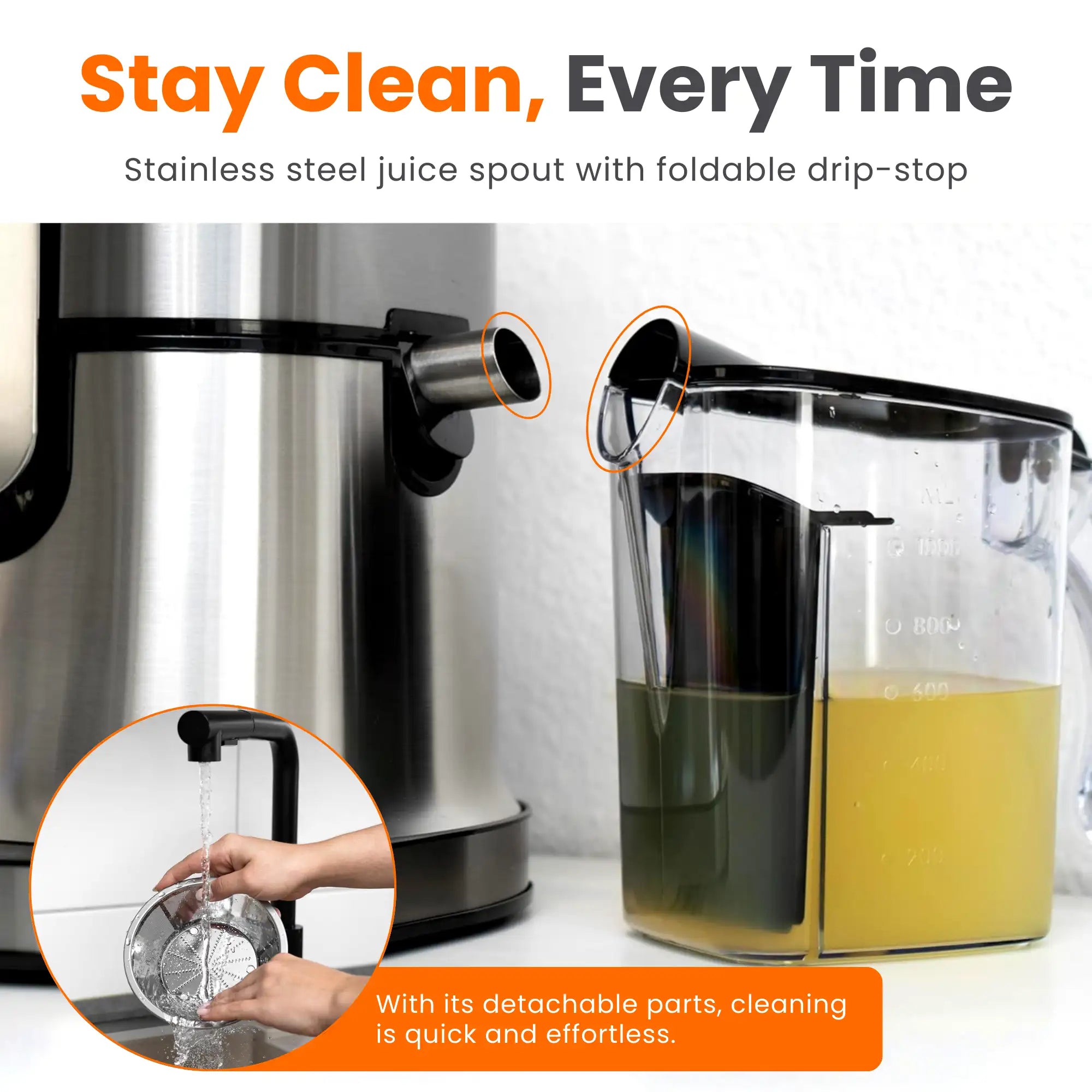 Juicer Machine – 870W power, 5-speed touch control, 75mm wide feed tube, anti-drip design, 1L juice jug, 2L pulp container, stainless steel blades.