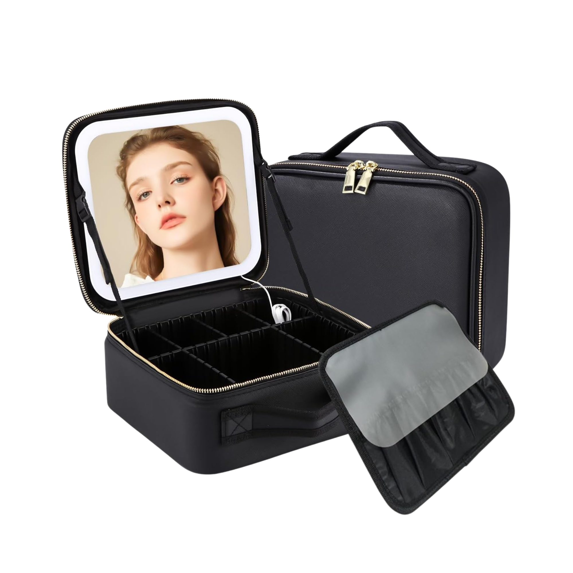 NEXSO Black Makeup Bag – LED Mirror Cosmetic Organizer