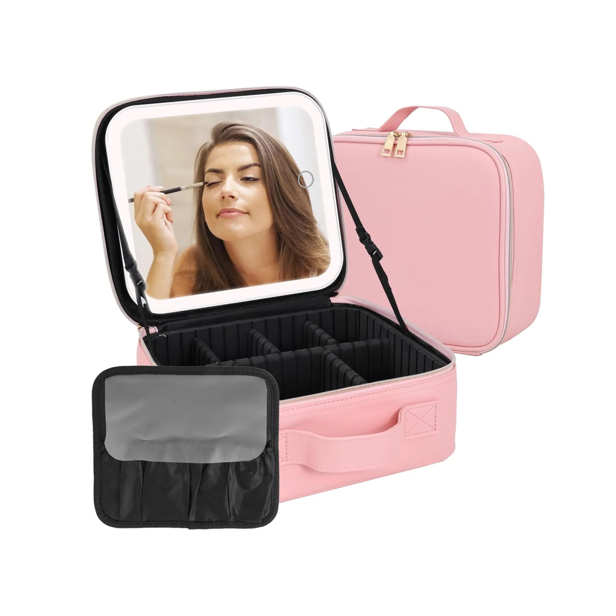 NEXSO Pink Makeup Bag – LED Mirror Cosmetic Organizer