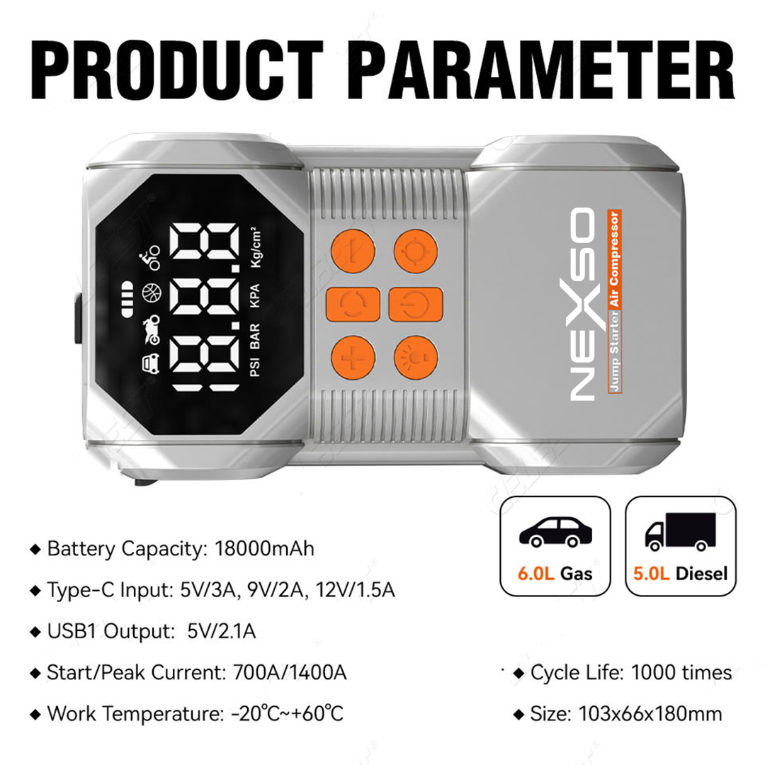 Portable Car Jump Starter with 18000mAh Wireless Charging, 1500A Peak Battery Booster Pack, USB-C Fast Charging Power Bank, LED Emergency Flashlight for 12V Cars, Tyre Inflator for Car