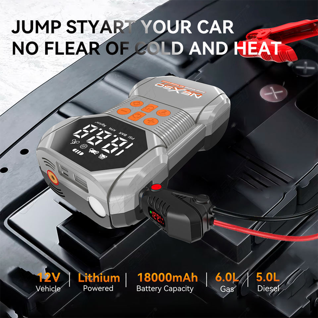 Portable Car Jump Starter with 18000mAh Wireless Charging, 1500A Peak Battery Booster Pack, USB-C Fast Charging Power Bank, LED Emergency Flashlight for 12V Cars, Tyre Inflator for Car